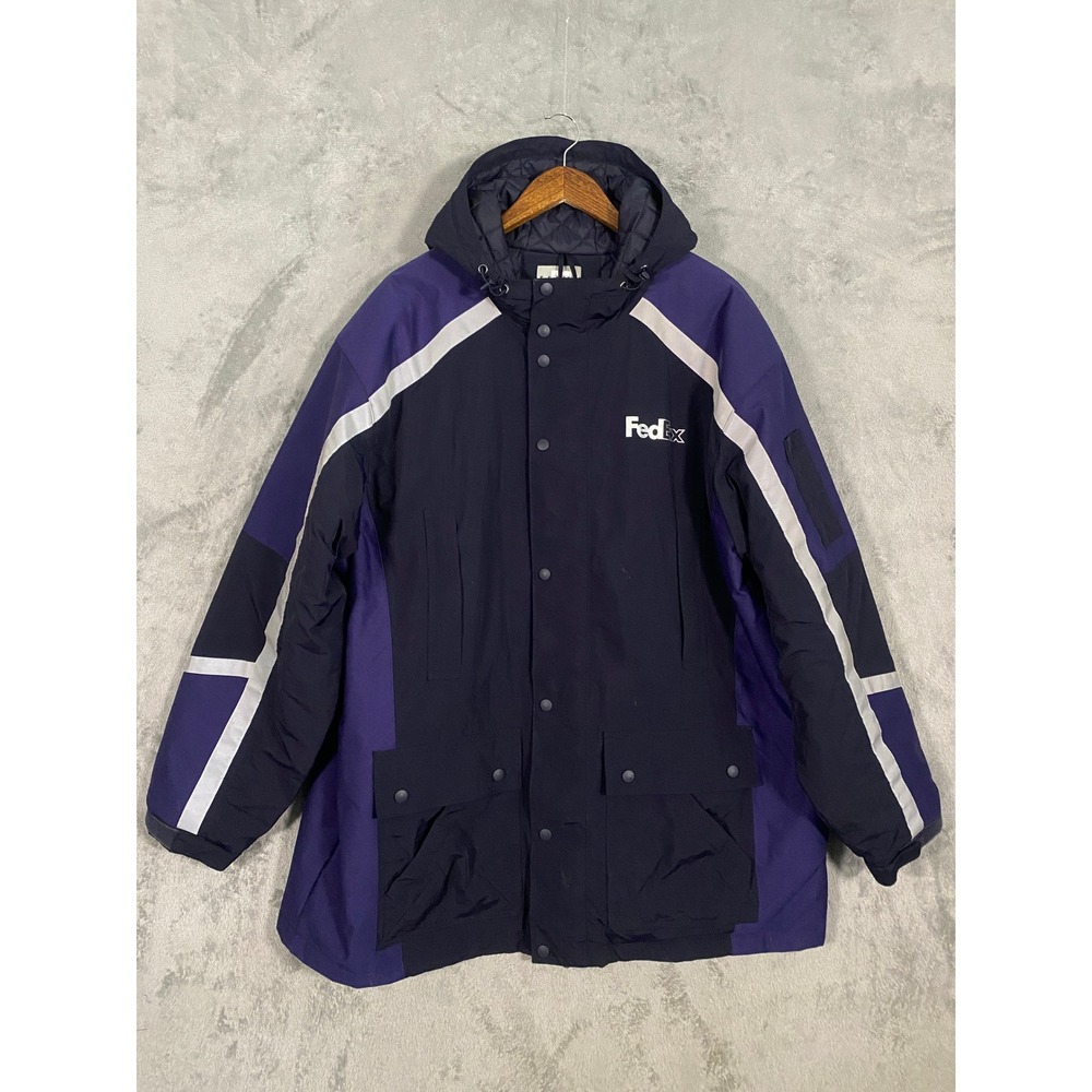 FedEx Jacket Mens XXL Black Purple Stan Herman Hooded Quilted Reflective Parka